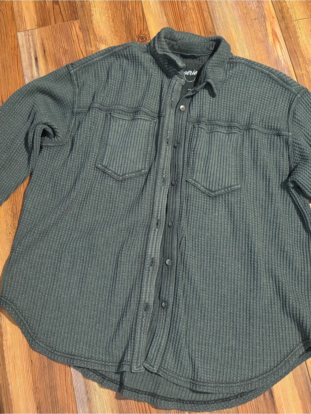 aerie Olive Green Waffle-Knit Button-Up Shirt